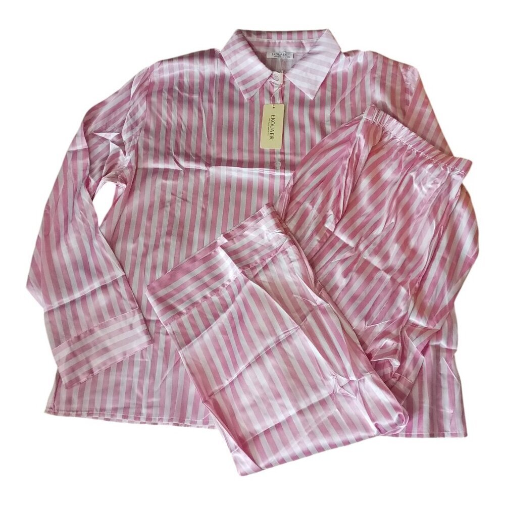 Ekouaer Satin Pajamas Set Pink Stripe 2XL Long Sleeve Sleepwear Soft Button Down